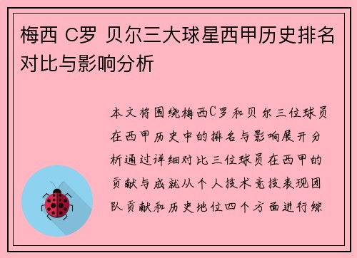 梅西 C罗 贝尔三大球星西甲历史排名对比与影响分析