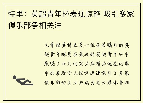 特里：英超青年杯表现惊艳 吸引多家俱乐部争相关注