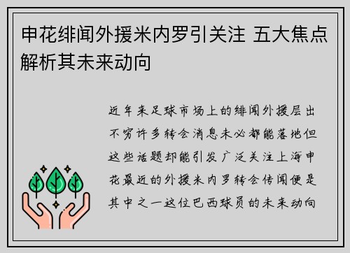 申花绯闻外援米内罗引关注 五大焦点解析其未来动向 申花绯闻外援米内罗引关注 五大焦点解析其未来动向