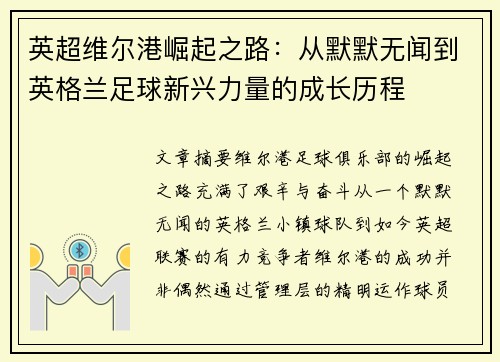 英超维尔港崛起之路：从默默无闻到英格兰足球新兴力量的成长历程