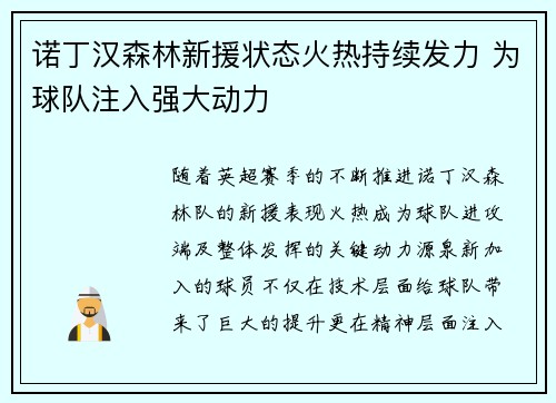 诺丁汉森林新援状态火热持续发力 为球队注入强大动力